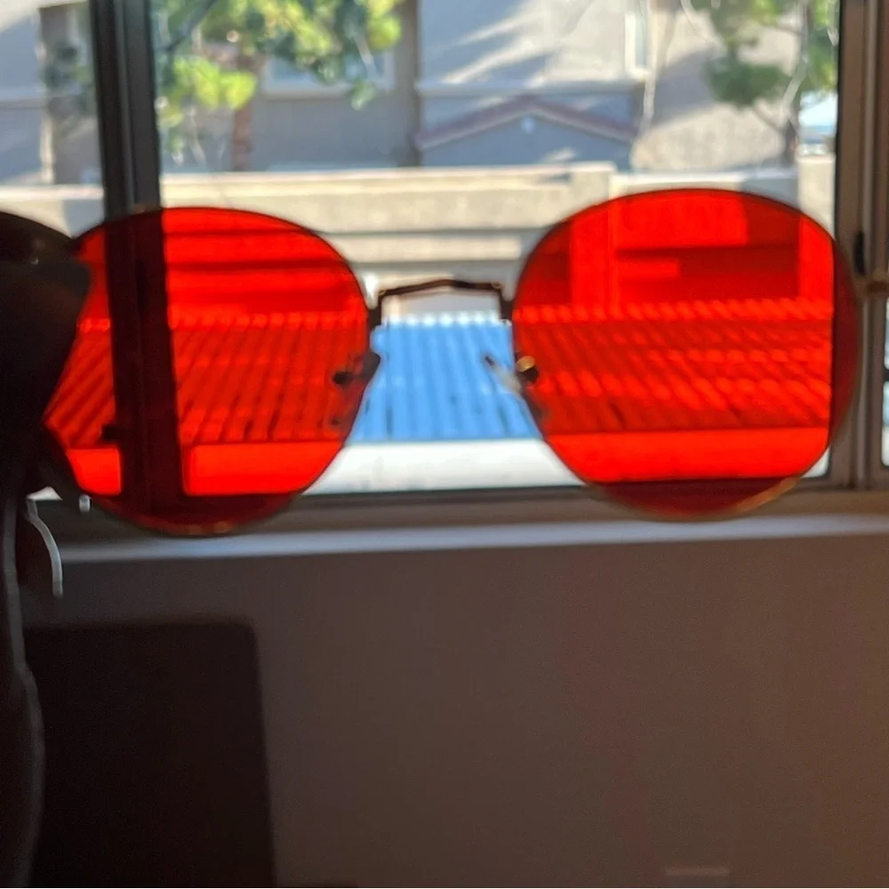 Orange Lens Sunglasses, fashion sunnies, gold tone metallic frame, EUC